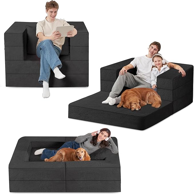 Futon Sofa Bed with Pillow, 3-in-1 Sleeper Sofa Bed with Removable Cover, Convertible Floor Sofa Bed, No Assembly Boneless Couch for Living Room, Bedroom