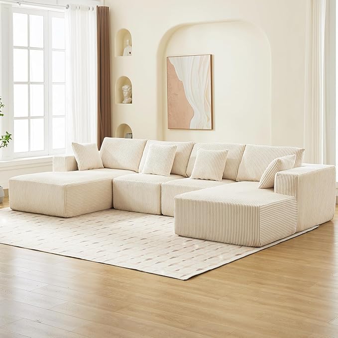 Cloud Boneless Couch 137" Modern Sectional U-Shaped Comfy No Assembly Required Convertible Compression Sleeper Modular Sofa with Corduroy Fabric Deep Seat Single + Chaise for Living Room