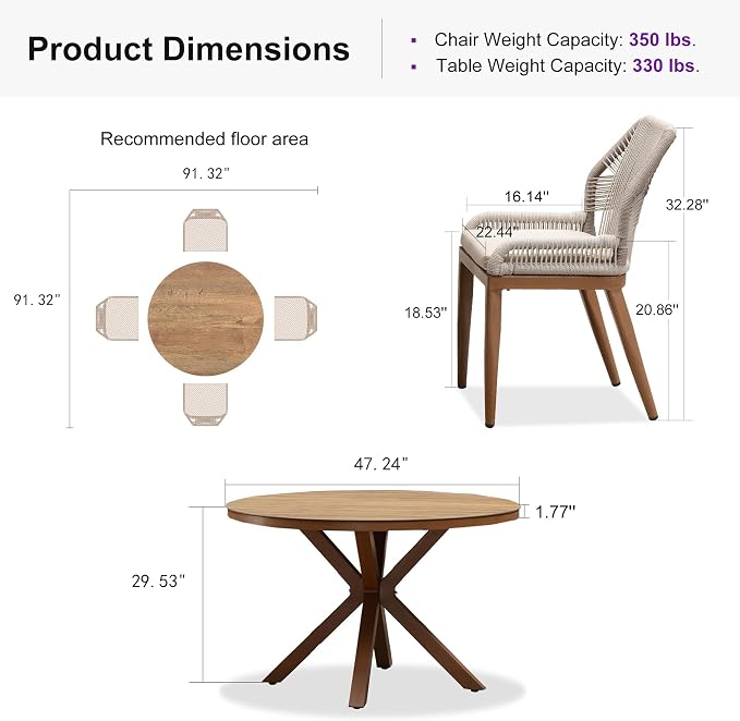 PURPLE LEAF 5 Pieces Round Dining Set Patio Aluminum Modern Oversize Round Table and Wicker Chairs with Cushions for Kitchen Porch Garden Outdoor Furniture Sets - Image 9