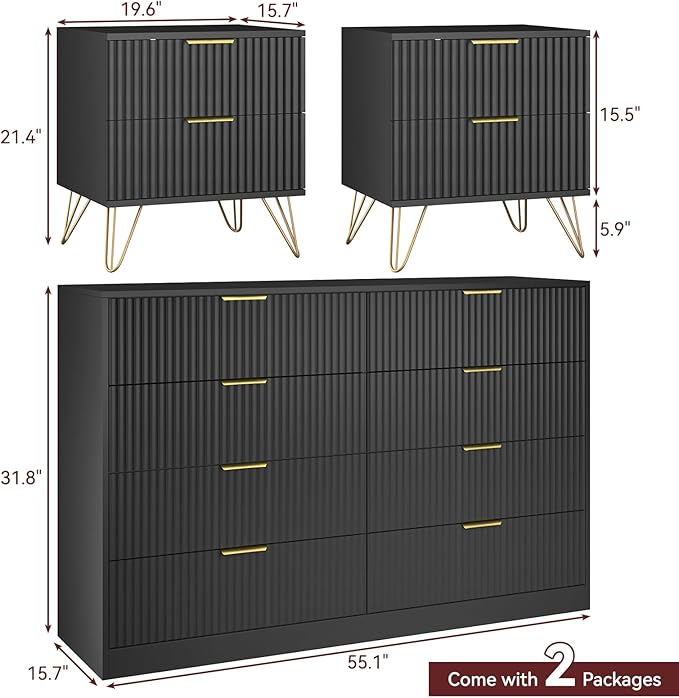 8 Drawer Dresser and Nightstand Sets for Bedroom, 3 Pcs Bedroom Set，Night Stand Set of 2 & 8 Drawer Dresser with Gold Handles, Modern Wood Chest of Drawers Storage Cabinet Set, Black