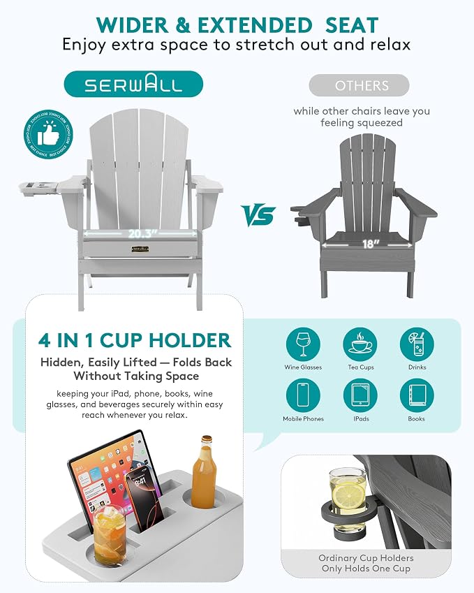 SERWALL Folding Adirondack Chair, Patio Adirondack Chairs with 4 in 1 Multi-Functional Cup Holder, Wooden Textured, All Weather Plastic Fire Pit Chair for Outdoor, Garden, Backyard, Deck- Spanish Gray - Image 5