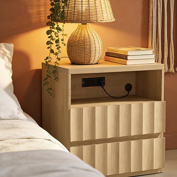 VividVibe Wide Fluted Nightstand Set of 2 with Charging Station, Side Table with Discreet Rear Cord Cutouts, 2 Drawers Wooden Modern Organic End Table Bedside Table for Bedroom Home Office Light Oak - Image 4