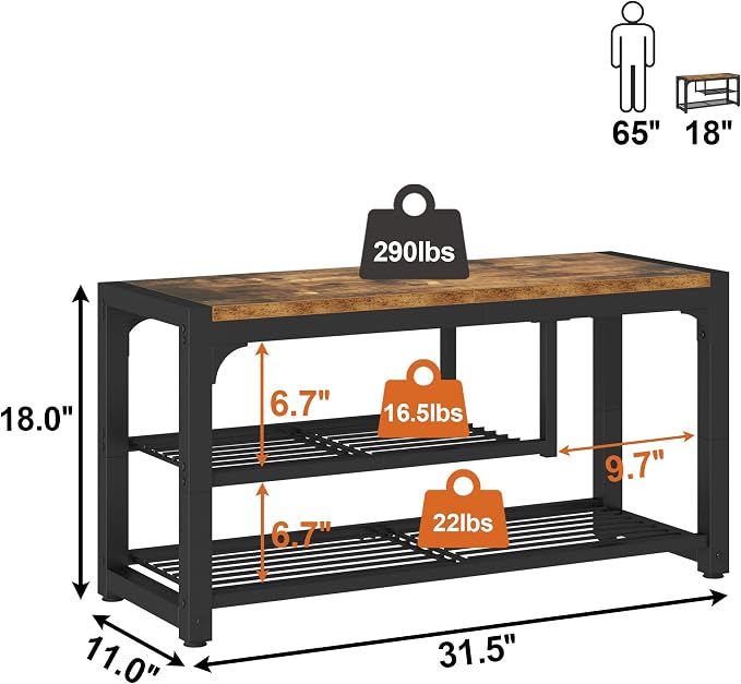 HOMEFORT Shoe Bench,3 Tiers Shoe Rack Bench,31.5" Shoe Storage Bench for Entryway, Retro Industrial Entry Bench with Mesh Shelves and Boot Storage,for Front Door Entrance, Rustic Brown - Image 3