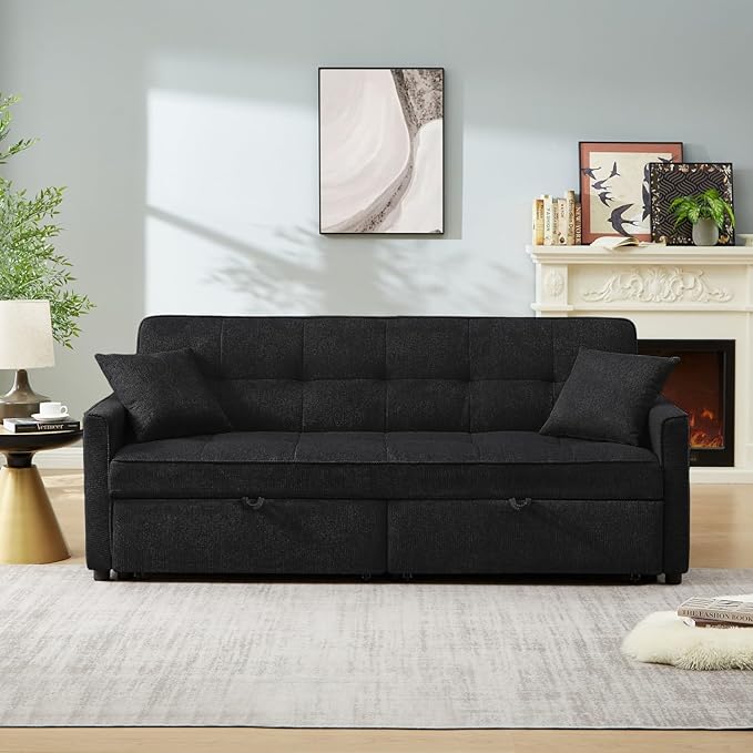 82" 3 in 1 Convertible Sleeper Sofa Bed, Modern Fabric Pull Out Couch, Loveseat Sofa with Pillows & Pockets, Futon Couch Bed Reclining Backrest for Living Room, Bedroom, Apartment, Black