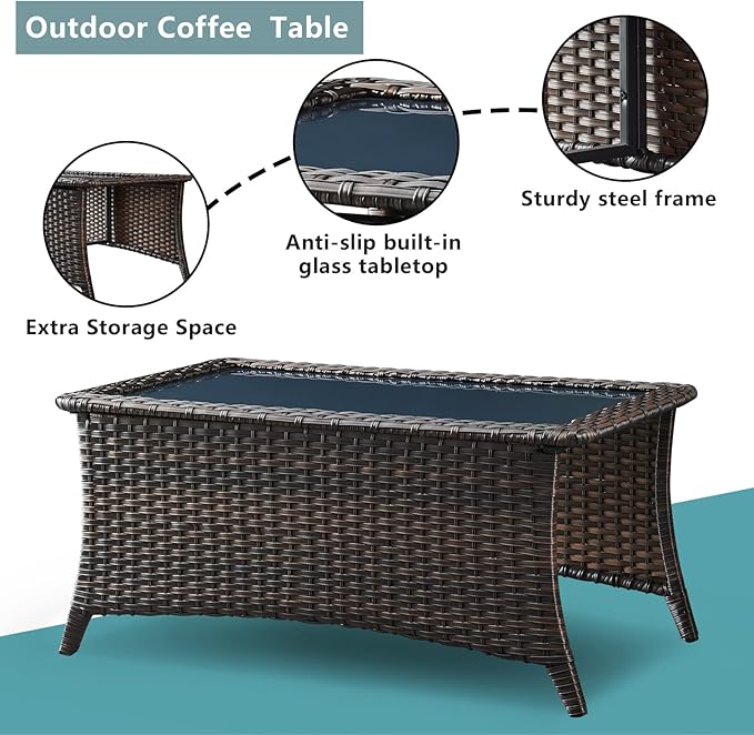 Rilyson Wicker Patio Furniture Sofa Set - 7 Piece Rattan Outdoor Patio Sectional Conversation Sets with 2 Sofa,2 Armrest Chairs,1 Coffee Table and 2 Ottomans for Porch Deck Garden(Brown/Blue)