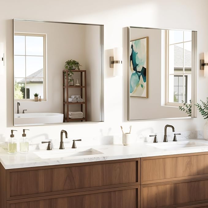 Suidia 2-Pack Bathroom Mirror, 30" x 30" Wall Mirror Metal Framed, Bathroom Vanity Mirror for Living Room Bedroom Bathroom Entryway, Silver, Rect Corner Style by SuidiaMirror