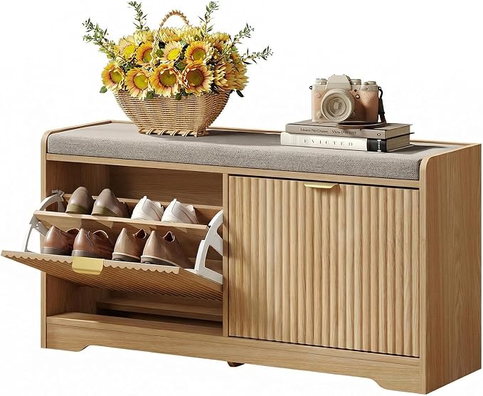 Maupvit Fluted Shoe Bench with 2 Flip-Drawers, 39.4" Narrow Entryway Bench with Shoe Storage and Seat Cushion, Adjustable Shelf, Hidden Shoe Rack Bench for Front Door Entrance, Hallway, Natural by MaupvitFurniture
