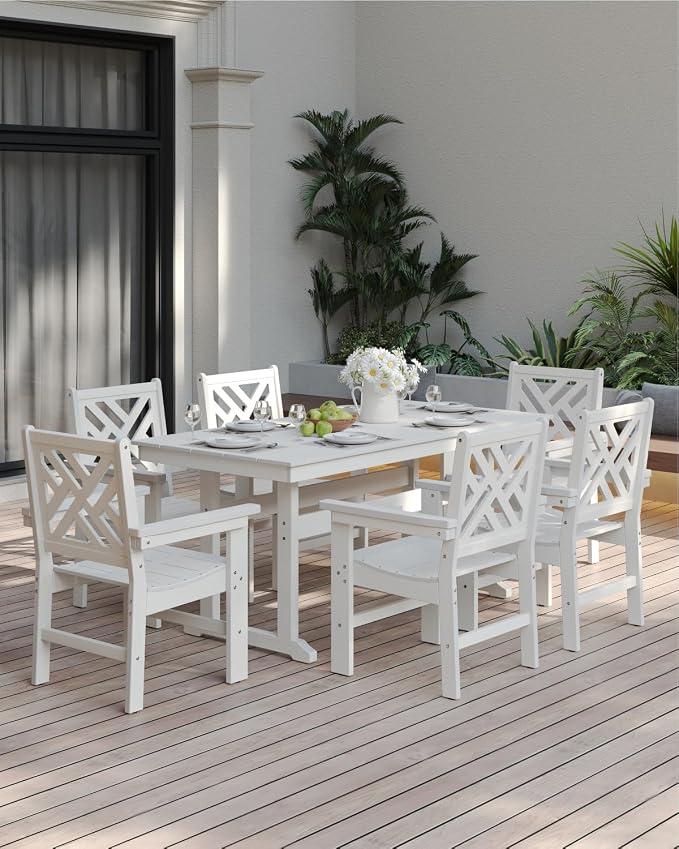 7-Piece Outdoor Dining Set, HDPE All-Weather Patio Table and Chairs Set for 6, Outdoor Patio Furniture Sets with Umbrella Hole for Outside, Deck, Backyard, Garden (White) - Image 8