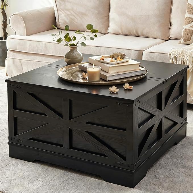 Black Coffee Table with Storage, Cocktail Table with Hinged Lift Top, Farmhouse Square Wood Center Table with Large Hidden Storage Compartment for Living Room, Square Coffee Table, Metal Edges Decor