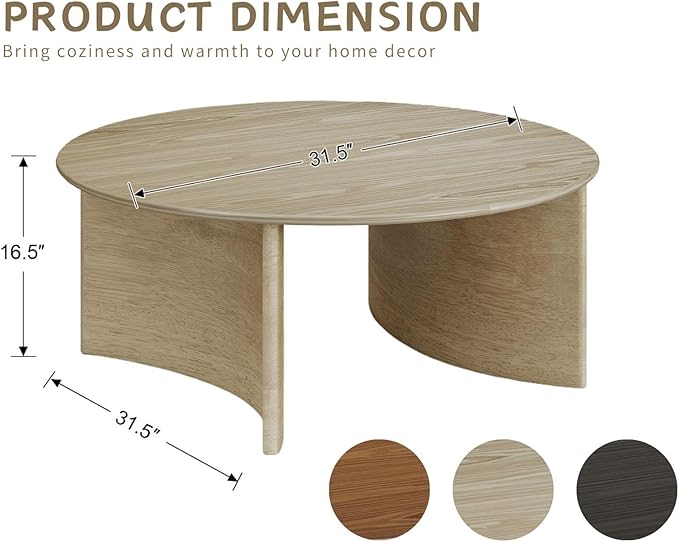 31.5″ Round Coffee Table, Natural Wooden Circle Coffee Table with Curved Base, Solid Wood, Ideal for Living Room, Apartment, Compact Place