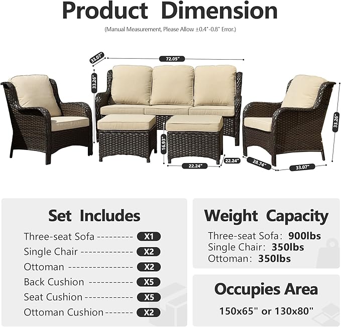 HOOOWOOO Patio Furniture Set,5 Piece Outdoor Furniture Set,Wicker Patio Conversation Couch Chairs Ottoman Set,Beige
