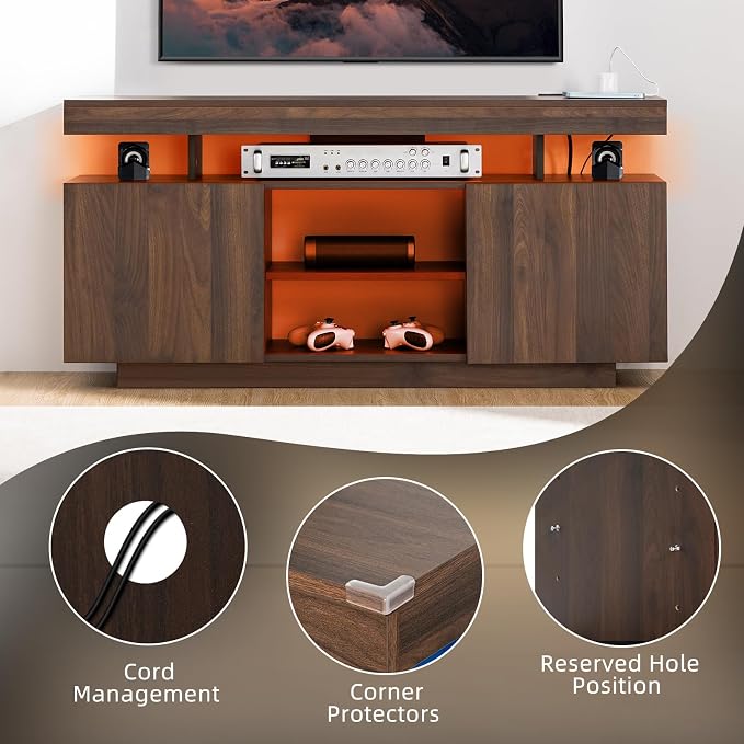 HOMMPA LED TV Stand for 55/50/43/40/32 Inch Modern Entertainment Center with Power Outlets, Gaming Consoles Storage, Media Table with LED Lights, Game Cabinet for Living Room Walnut - Image 8
