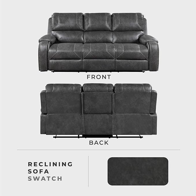 Lexicon Modern Double Recliner Sofa, Faux Leather Reclining Sofa with Nailhead, Center Drop-Down Cup Holders, Receptacles, USB Ports, Manual Recliner Couch Sofa for Living Room/Office/Apartment, Grey