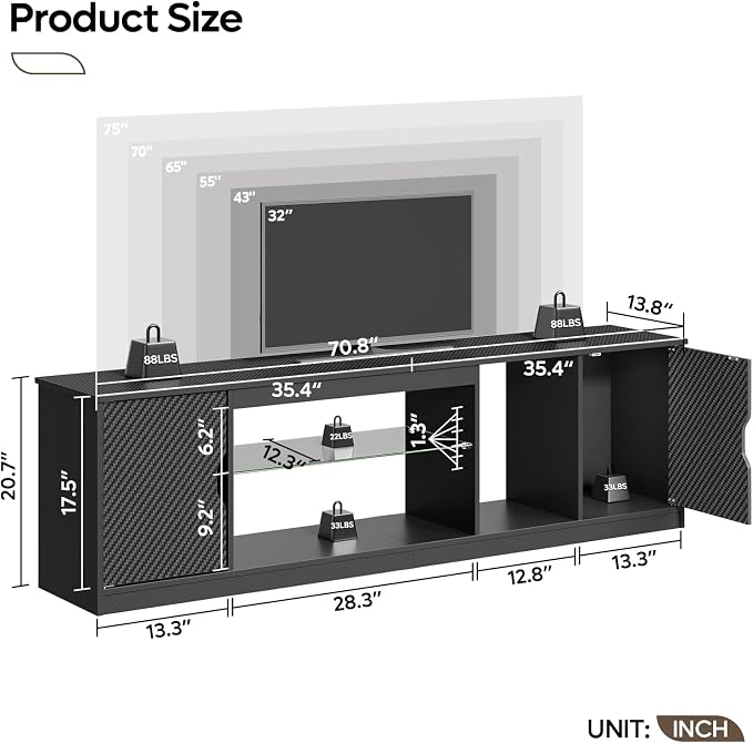 Bestier LED TV Stand with Storage for 65/70/75 Inch TV, Gaming Entertainment Center with Adjustable Glass Shelf for PS5 Xbox, Modern TV Console Table for Living Room, Black Large TV Stand Table - Image 8