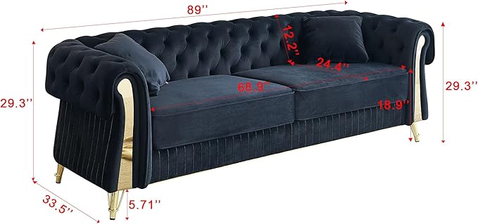 KEIKI 89" Chesterfield Velvet Button Tufted Sofa with High Density Foam Cushions and 2 Toss Pillows, Modern Style 3-Seater Couch with 4 Gold Metal Leg, Easy Assembly, for Living Room, Apartment, Black