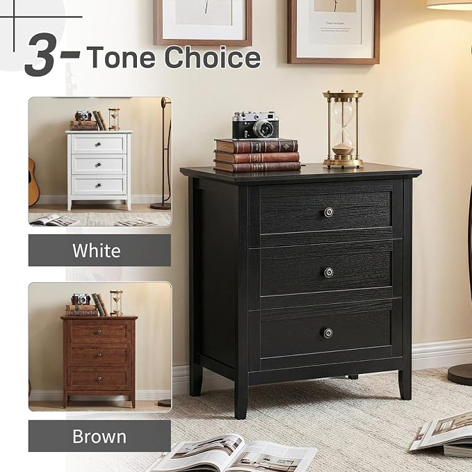 Karl home Farmhouse Nightstand with Charging Station, Wide End Table with 3 Large Drawers & Mental Handles, Wood Small Side Table of Drawers for Bedroom, Closet, Black - Image 8