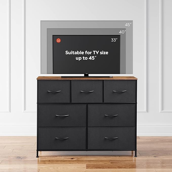WLIVE 7 Drawer Dresser TV Stand, Entertainment Center, Media Console Table with Metal Frame and Wood Top for TV up to 45 inch, Chest of Drawers for Bedroom, Living Room, Black and Rustic Brown - Image 6
