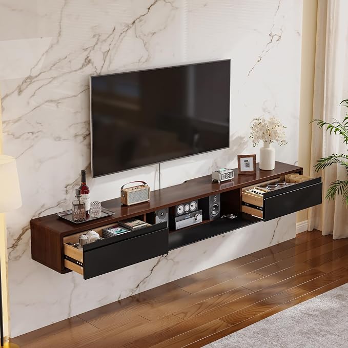 FurniNova Fully Assembled Floating TV Stand, Modern Plywood Media Console with 2 Drawers & 1 Flip Door, Wall Mounted Entertainment Center with High Gloss Finish & Round Edges, 47 inch, Walnut & Black - Image 4