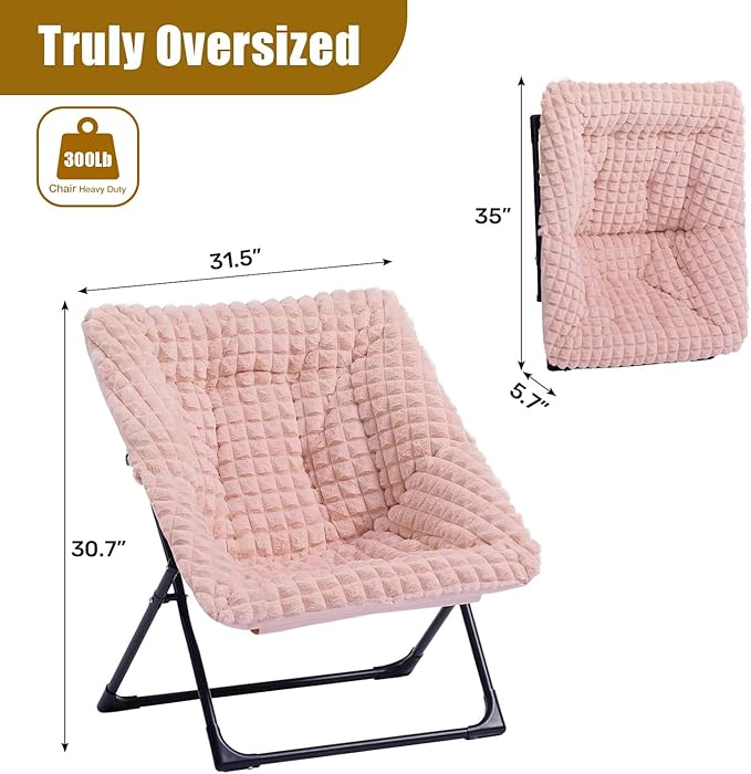 HollyHOME X-Large Saucer Chair, Comfy Oversized Folding Chair, Faux-Fur Reading Chair for Teens, Adults, Foldable Accent Lazy Chair, Metal Lounge Chair for Living Room, Bedroom, Dorm, Grid Pink