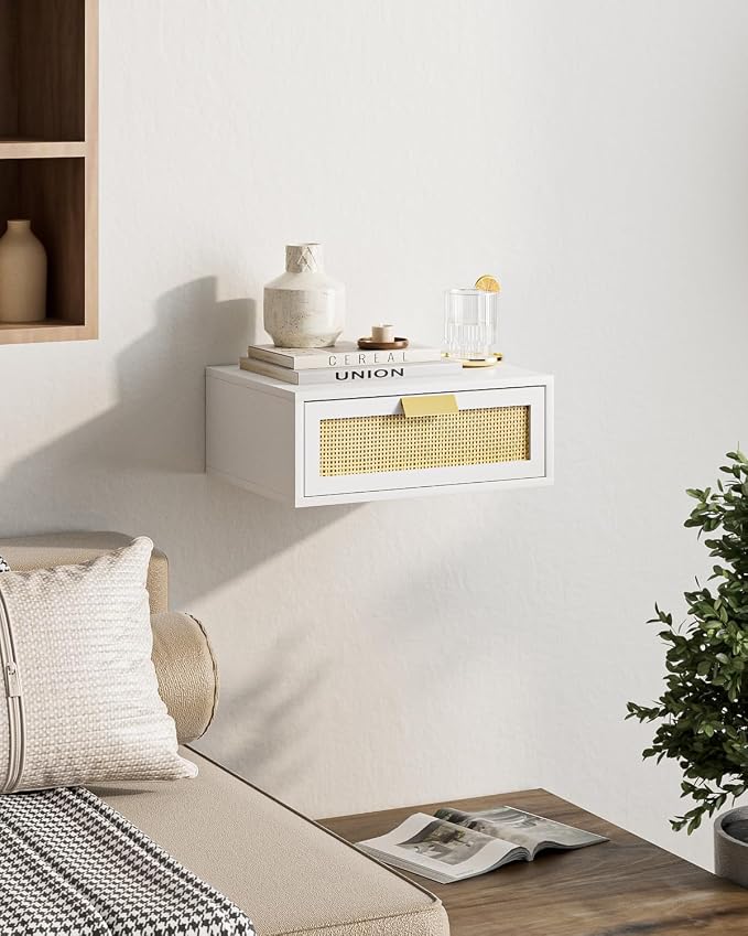 Aienvey Floating Nightstand, Floating Shelf with Drawer, Wall Mounted Nightstand, Floating Bedside Table (White Rattan) - Image 8