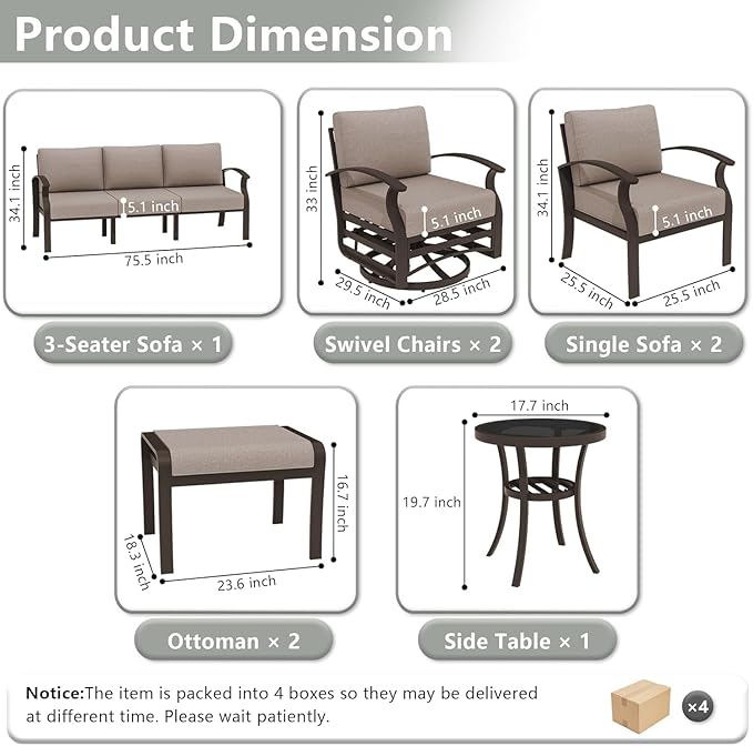 Patio Furniture Set 9-Seat Aluminum Armrest Sofa, Modern Outdoor Living Room Set with 2 Swivel Chairs, 5.1" Cushions, High Backrest & 2 Footstools, Backyard, Poolside - Sand