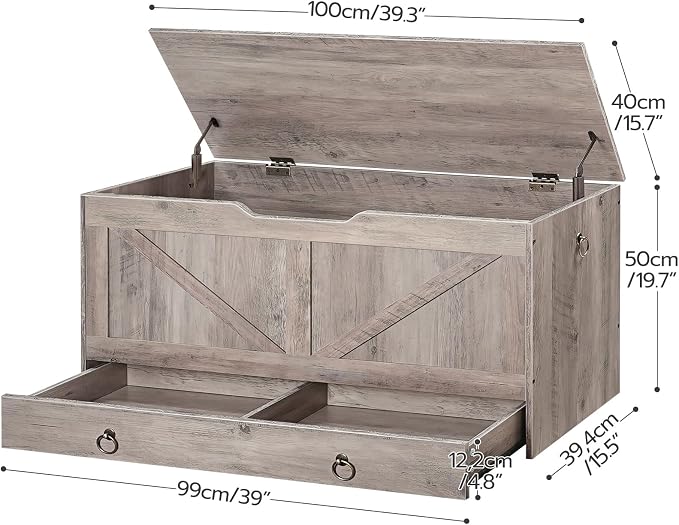 HOOBRO Storage Chest, 39.3" Toy Chest with Drawer, Wooden Storage Bench, Sturdy Entryway Bench Supports 220 lb, Safety Hinge, U-Shaped Opening, Easy Assembly, Greige BG710CW01G1 - Image 3
