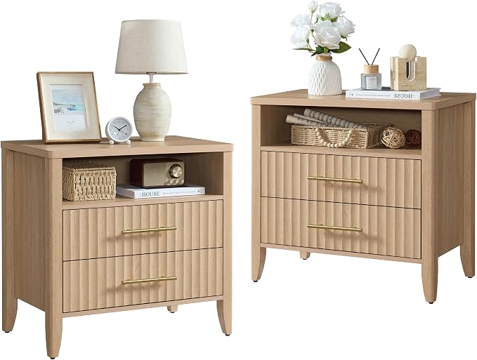 Fluted Nightstand with 2 Drawers, 27" Modern Nightstands Set of 2 with Storage, Large Queen Size Bed Side Table and End Table for Bedroom, Living Room, Office,(Natural Oak,2 Pieces) - Image 8
