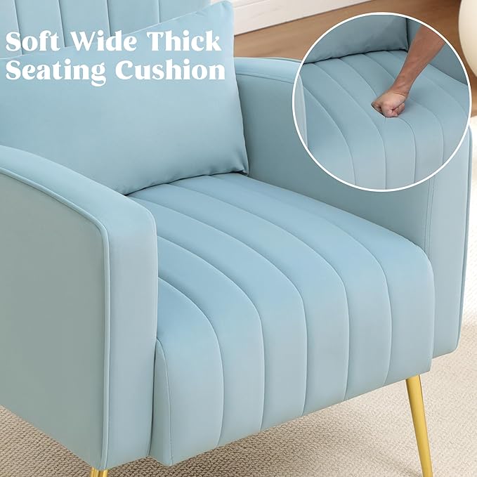 Modern Accent Chair Upholstered Living Room Chair,High Back Arm Chair with Metal Legs Lumbar Reading Chair for Bedroom, Apartment, Small Spaces Sky Blue