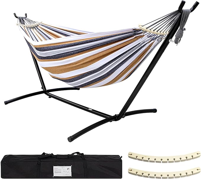 SZHLUX Double Hammock with Stand Included 450lb Capacity Steel Stand, Premium Carry Bag Included and Two Anti Roll Balance Beam, Portable Hammock with Stand for Backyard, Camping,Garden Brown Stripes by SZHLUX