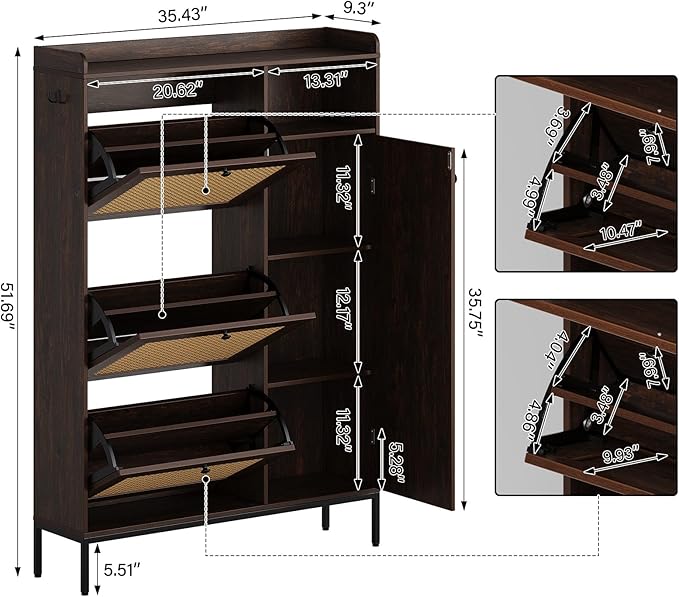 GarveeLife 3-Tier Rattan Shoe Cabinet with Flip Drawers, Adjustable Shelves and Narrow Storage Design, Perfect for Entryways, Hallways, and Bedroom Organization in Wood