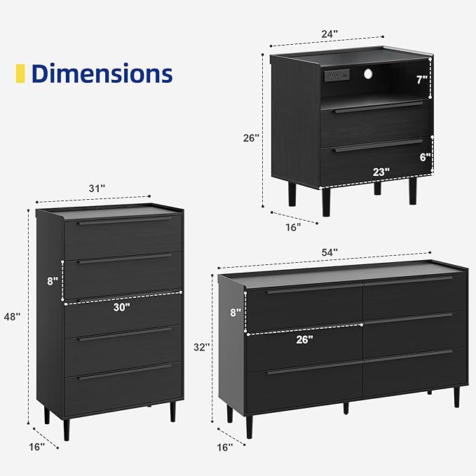 4PC Bedroom Furniture Set, Black Wood Grain 6-Drawer Dresser & 2 Charging Nightstands with Metal Handles, USB & Type-C Ports, AC Outlets, Open Shelf, Raised Edge Top, for Bedroom Apartment