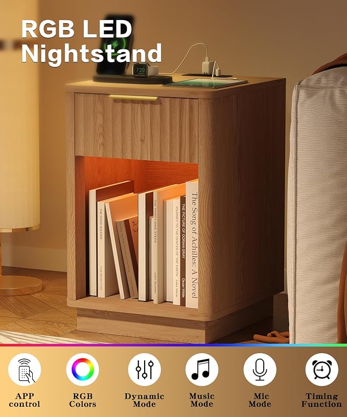 Akxomel Fluted Nightstand, Wooden Night Stand with Charging Station and LED Light, Modern Mid Century End Table with Drawer, 15" D x 15.7" W x 22.6" H, for Bedroom, Natural Oak - Image 5