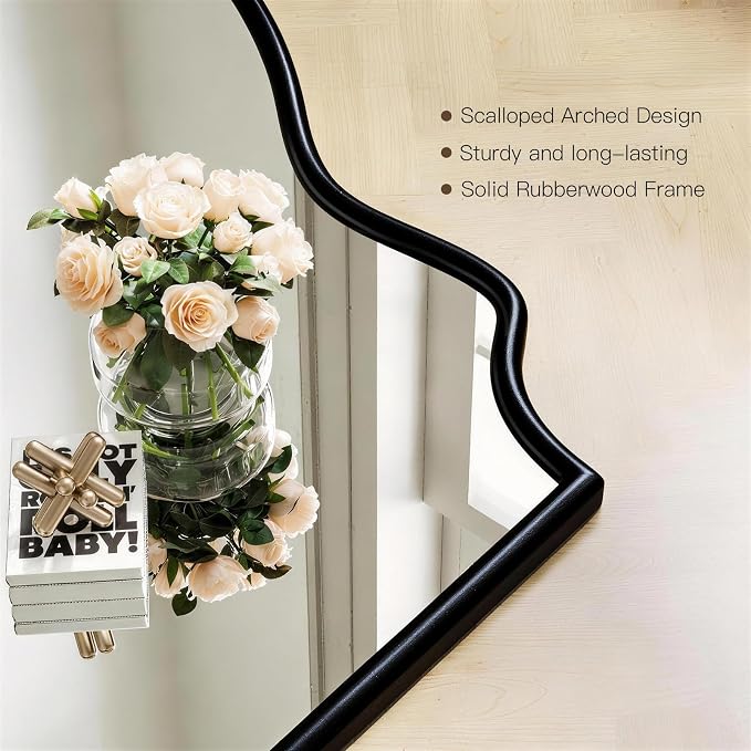 Arched Scalloped Mirror, 24" x 36"Black Arched Bathroom Mirror with Rubberwood Frame, Arch Wall Mirrors for Fireplace, Bedroom, Living Room, Entryway - Image 3
