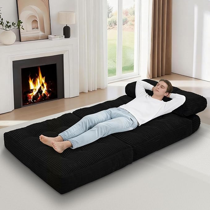 Folding Sofa Bed, Convertible Sleeper Chair with Pillow & Handle, Foldable Mattress Futon Chair Bed Lounge with Back Support, Comfy Floor Sofa for Living Room Bedroom, Black, Single