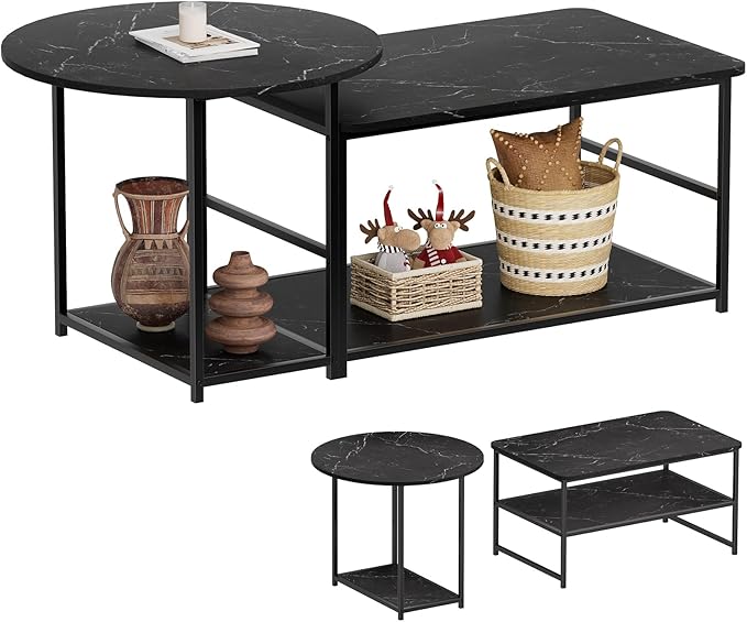 WOHOMO Coffee Table, Black Modern Coffee Tables for Living Room 2 in 1 Detachable Small Center Table Set with Storage, Black Marble