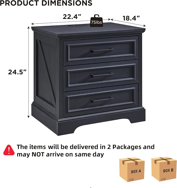 ACCOHOHO Farmhouse Nightstands Set of 2, 22 Inch Wide End Table with Charging Station & 3 Large Drawers, Rustic Wood Small Dresser Chest of Drawers for Bedroom, Living Room, Black - Image 3