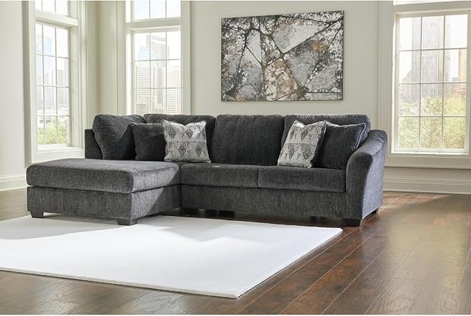 Signature Design by Ashley Biddeford Contemporary Left-Arm Facing Convertible 2-Piece Sleeper Sectional with Chaise, Bi-Fold Memory Foam Mattress and 4 Accent Pillows, Full, Gray