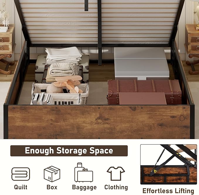 LUXOAK 3 Pieces Bedroom Sets, Includes Full Size Lift Up Storage Platform Bed Frame, 2 Drawers Farmhouse Nightstand Set of 2 with Charging Station, No Box Spring Needed, Rustic Brown