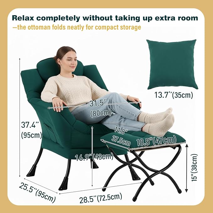 Lazy Chair with Ottoman, Large Accent Chair with Ottoman and a Throw Pillow, Dark Green Reading Chair for Living Room Bedroom Dorm Room Office Apartment Relaxing Use
