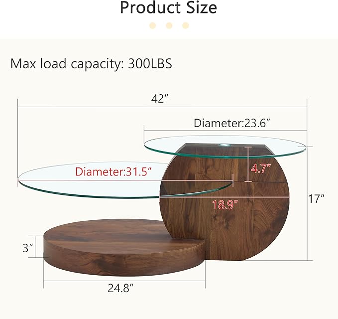 42" Glass Coffee Table, Round Coffee Table, 2-Tier Tempered Glass Tabletop with Walnut Base, Modern Center Table for Living Room, Home, Apartment, Ideal for Small Space