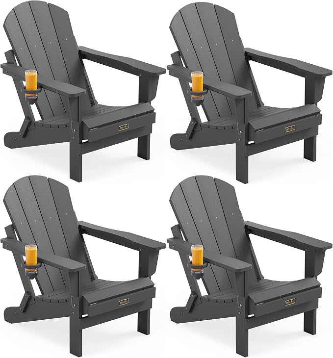 SERWALL Folding Adirondack Chair with Cup Holder Set of 4, Weather Resistant HIPS Patio Chairs, Wooden Textured, Fire Pit Chairs for Garden Outdoors Fire Pit - Gray by SERWALL