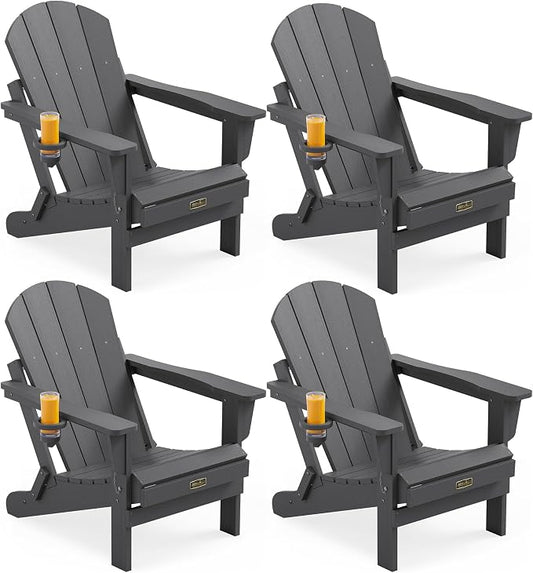 SERWALL Folding Adirondack Chair with Cup Holder Set of 4, Weather Resistant HIPS Patio Chairs, Wooden Textured, Fire Pit Chairs for Garden Outdoors Fire Pit - Gray by SERWALL