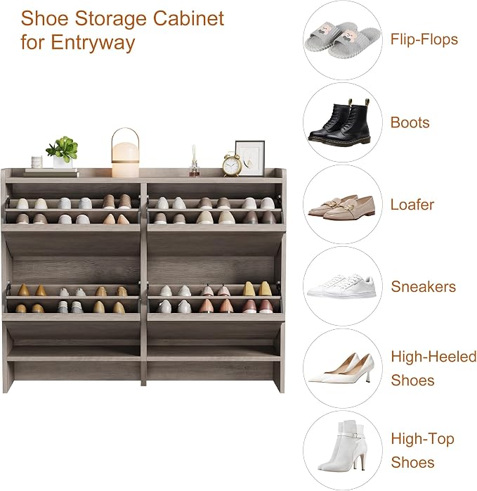 GarveeHome Shoe Cabinet with 4 Flip Drawers, Wooden Shoe Organizer Cabinet with Adjustable Shelf, Shoe Storage for Entryway, Hidden Shoe Cabinet for Hallway, Living Room, Grey - Image 5