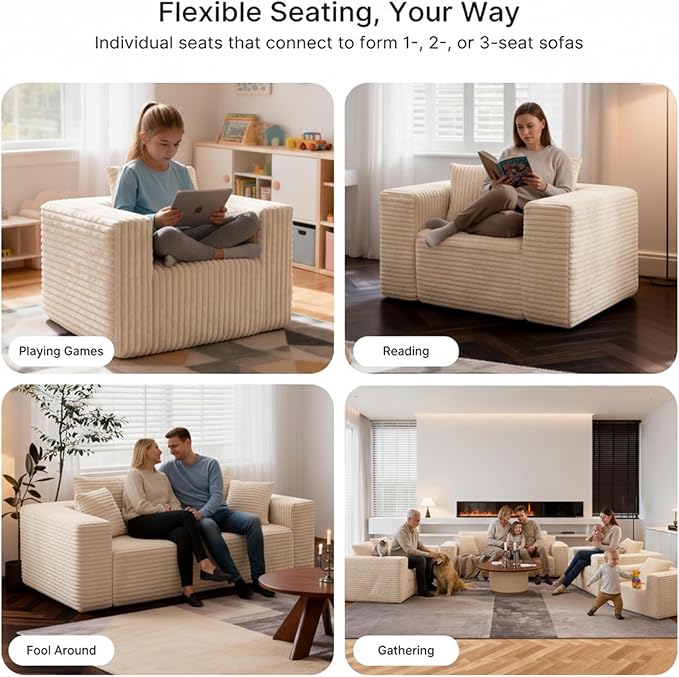3-Seater Deep-Seat Corduroy Lounge Sleeper Sofa, No Assembly Frameless Foam Cloud Couch, Comfy Plush for Living Room Bedroom Apartment Dorm Office (Beige)