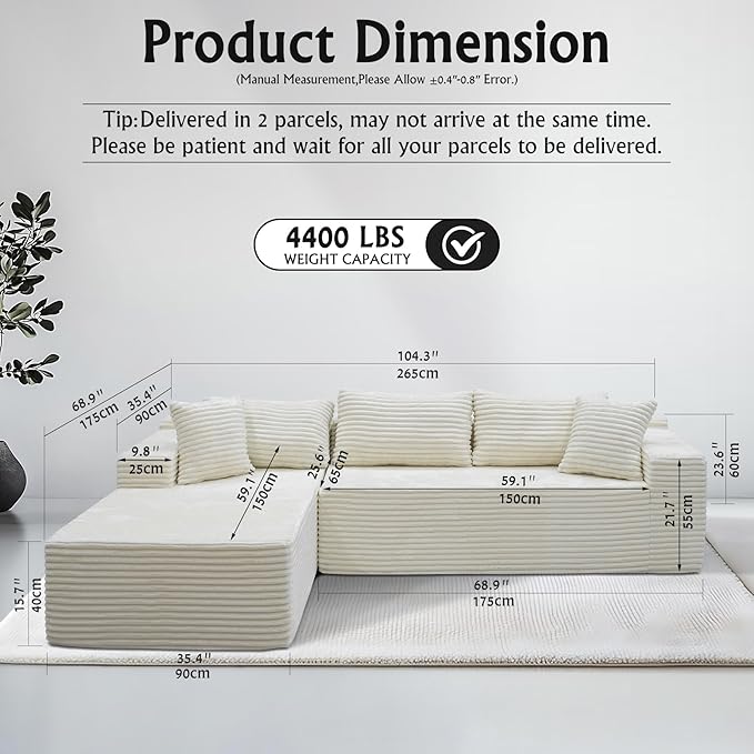 White sectional couches for Living Room Corduroy Couch，104" Cloud Sectional Couch with L-Shape Chaise， Modern Modular Sofa, Deep Seat Comfort, No Assembly Required(Plush Corduroy Fabric)