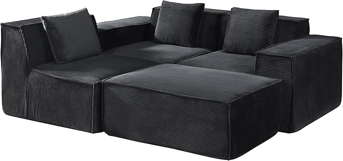 Rowan Convertible Corduroy Sectional Couch with Ottoman & Pillows, Modular L Shaped Sleeper Sofa, Boneless Cloud Couch for Living Room Furniture, Black