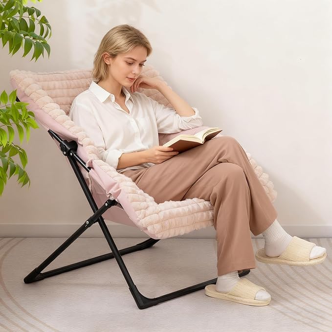 HollyHOME X-Large Saucer Chair, Comfy Oversized Folding Chair, Faux-Fur Reading Chair for Teens, Adults, Foldable Accent Chair, Metal Lounge Chair for Living Room, Bedroom, Dorm, Grid Champagne Pink