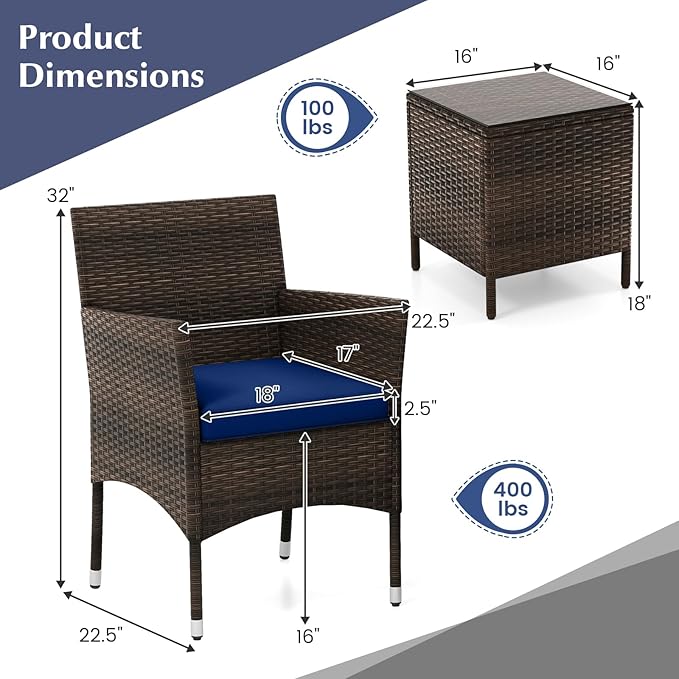 KOTEK 3 Piece Patio Furniture Set, Outdoor Wicker Patio Chairs with Soft Cushions & Tempered Glass Top Table, PE Rattan Bistro Set for Porch, Garden, Balcony (Navy)