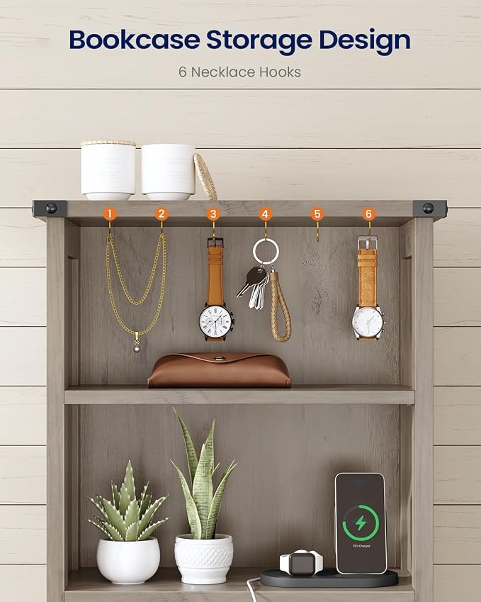 Farmhouse Tall Nightstand with Charging Station and 2 Drawers,Led Night Stand with Bookshelf,Bedside End Side Table with 6 Hooks and Storage Shelves for Bedroom,Grey - Image 4