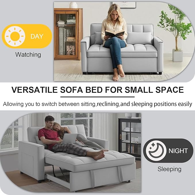 3-in-1 Sofa Bed, 52.75" Pull-Out Sleeper Sofa Bed with 3-Level Adjustable Backrest, Velvet Fabric Loveseat Sleeper Couch for Living Room & Bedroom & Apartment & Dorm Furniture, Light Grey